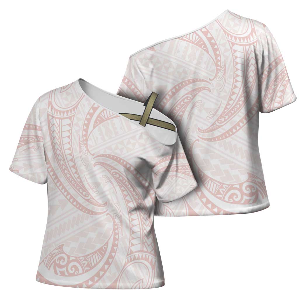 White Sunday Lotu Tamaiti Cross Shoulder Shirt Polynesian Wave Pastel Blush - Polynesian Pride