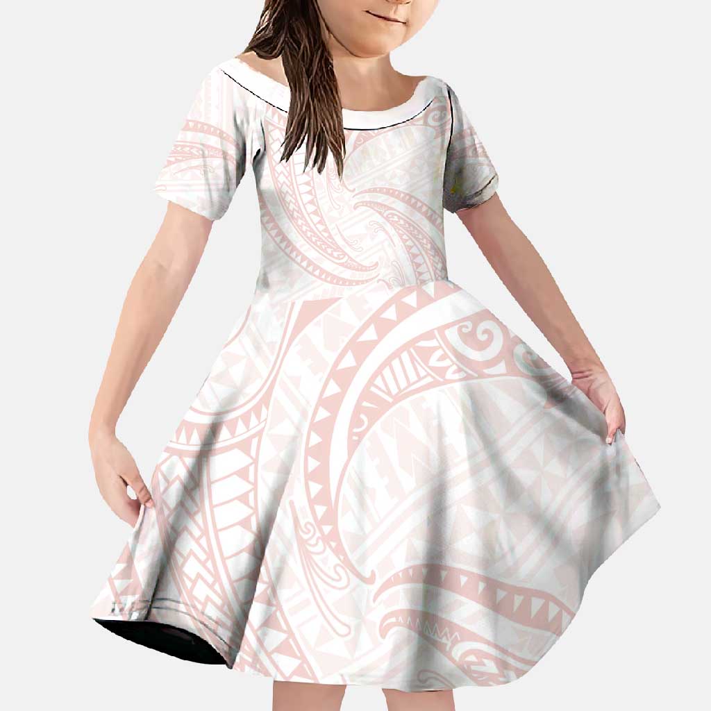 White Sunday Lotu Tamaiti Family Matching Mermaid Dress and Hawaiian Shirt Polynesian Wave Pastel Blush LT9 Daughter's Dress Blush - Polynesian Pride