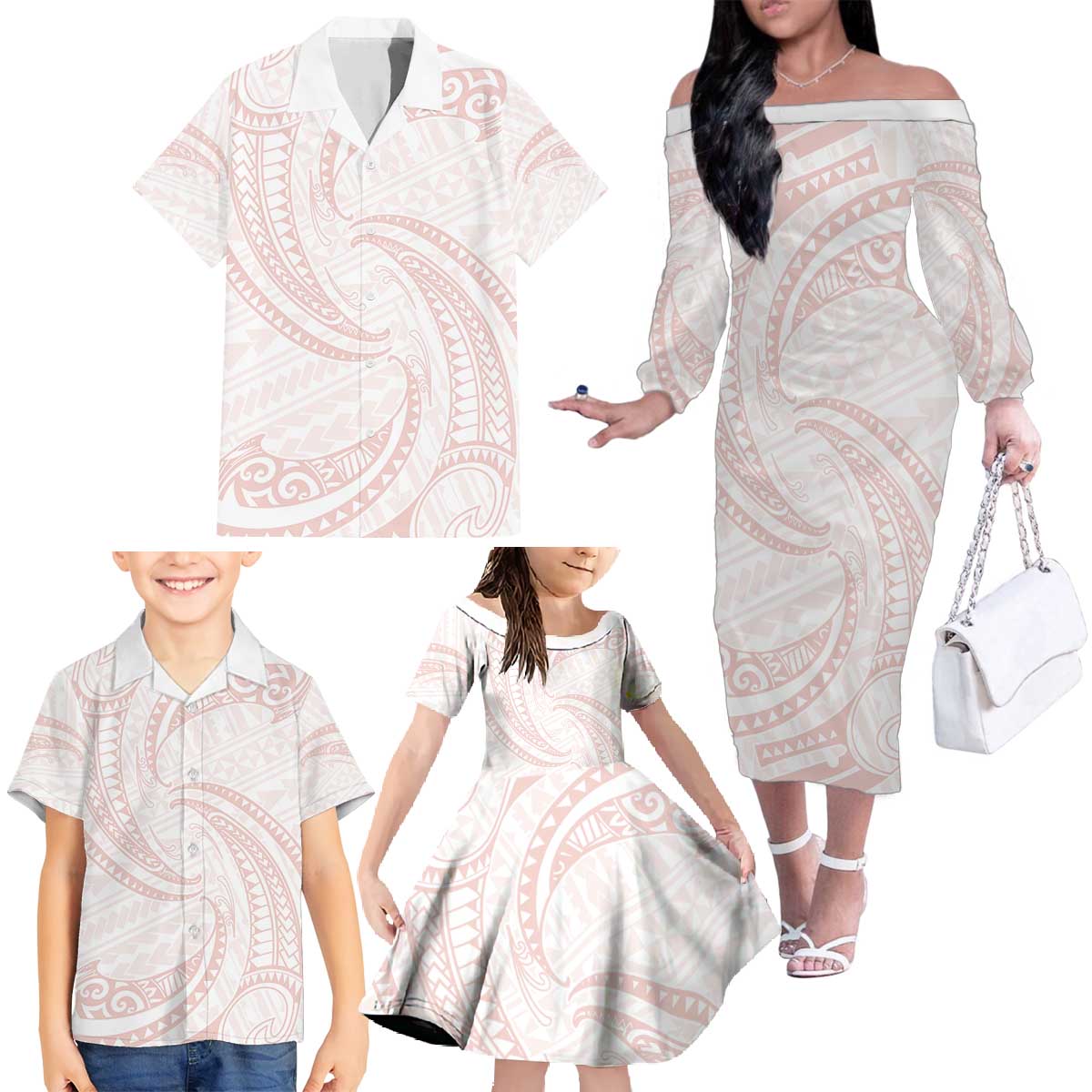 White Sunday Lotu Tamaiti Family Matching Off The Shoulder Long Sleeve Dress and Hawaiian Shirt Polynesian Wave Pastel Blush - Polynesian Pride