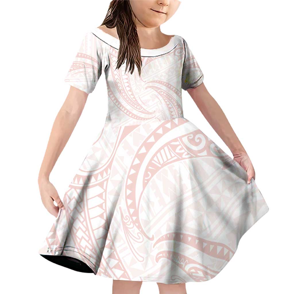 White Sunday Lotu Tamaiti Family Matching Off Shoulder Short Dress and Hawaiian Shirt Polynesian Wave Pastel Blush - Polynesian Pride