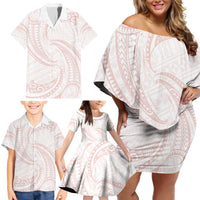 White Sunday Lotu Tamaiti Family Matching Off Shoulder Short Dress and Hawaiian Shirt Polynesian Wave Pastel Blush - Polynesian Pride
