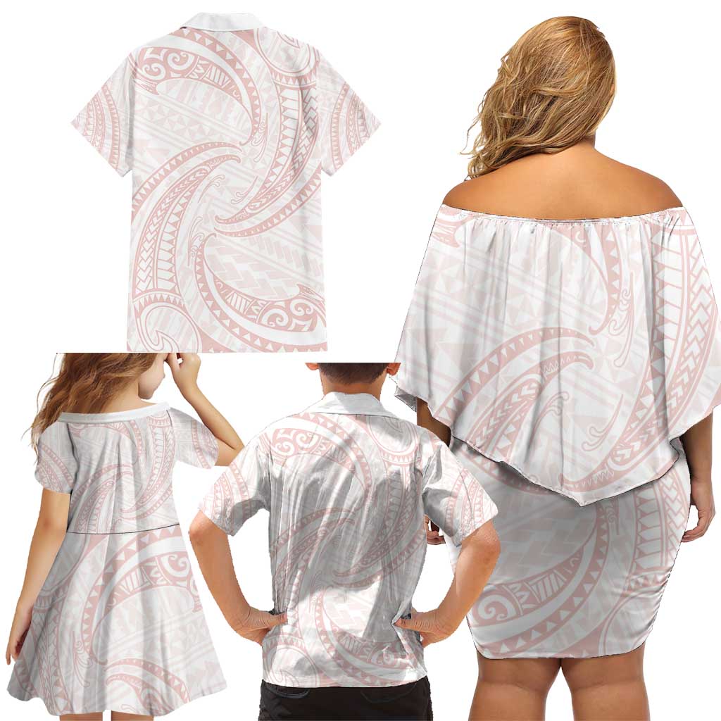 White Sunday Lotu Tamaiti Family Matching Off Shoulder Short Dress and Hawaiian Shirt Polynesian Wave Pastel Blush - Polynesian Pride