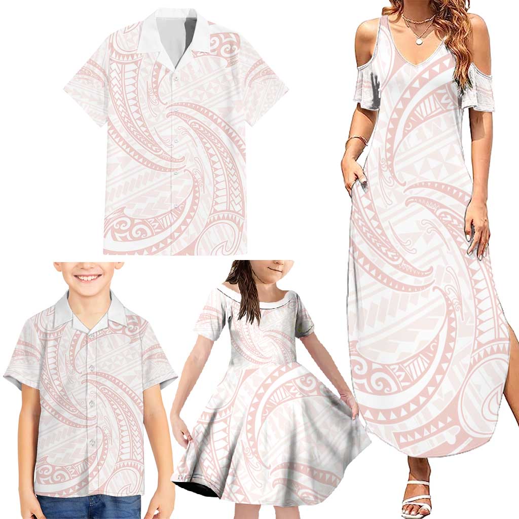 White Sunday Lotu Tamaiti Family Matching Summer Maxi Dress and Hawaiian Shirt Polynesian Wave Pastel Blush - Polynesian Pride