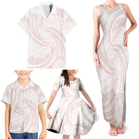 White Sunday Lotu Tamaiti Family Matching Tank Maxi Dress and Hawaiian Shirt Polynesian Wave Pastel Blush - Polynesian Pride