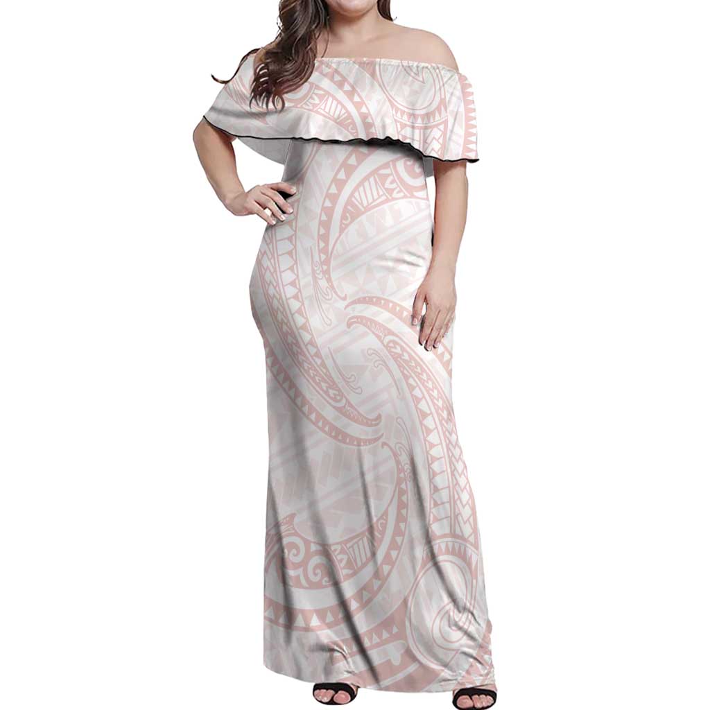 White Sunday Lotu Tamaiti Off Shoulder Maxi Dress Polynesian Wave Pastel Blush - Polynesian Pride
