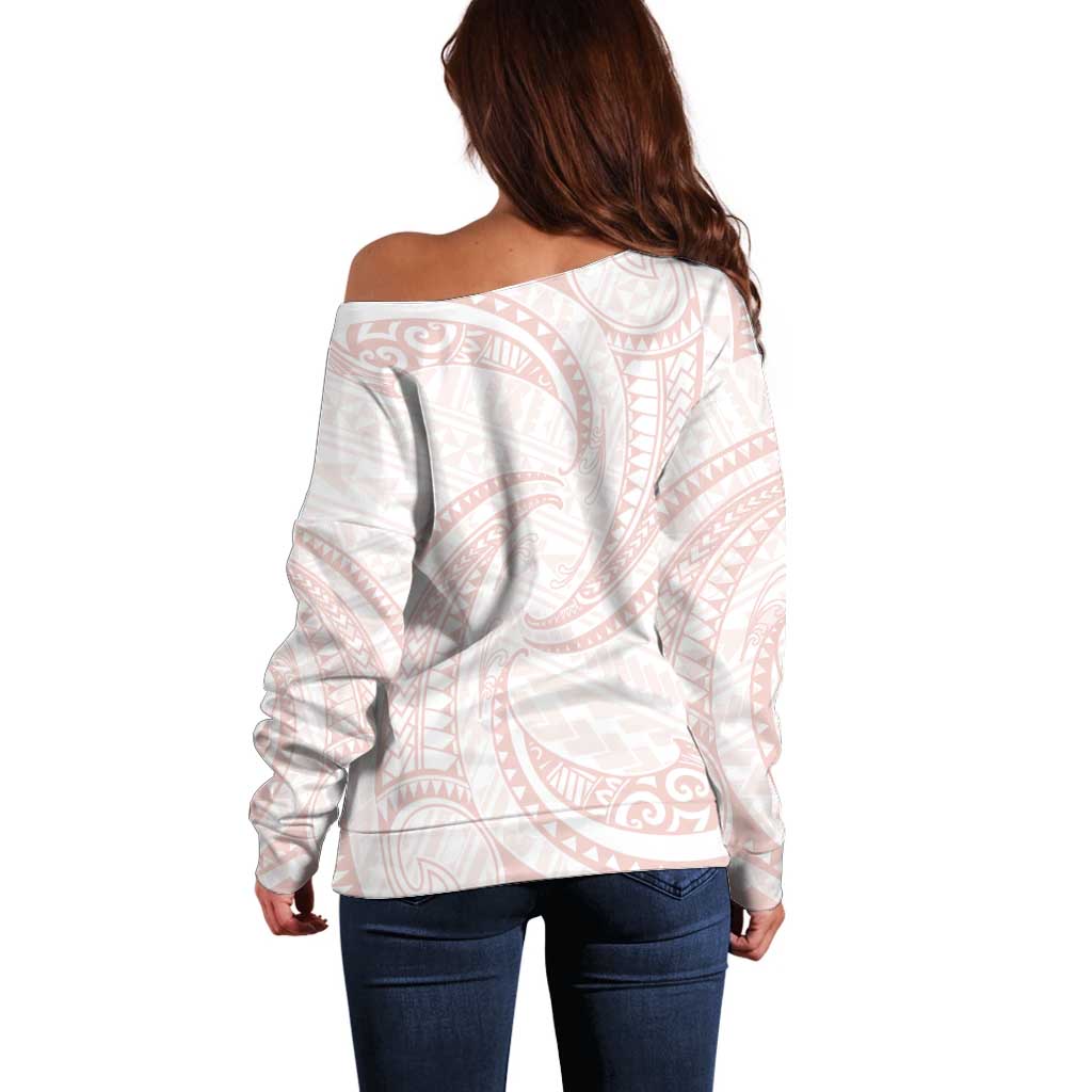 White Sunday Lotu Tamaiti Off Shoulder Sweater Polynesian Wave Pastel Blush LT9 - Polynesian Pride