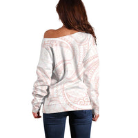 White Sunday Lotu Tamaiti Off Shoulder Sweater Polynesian Wave Pastel Blush LT9 - Polynesian Pride