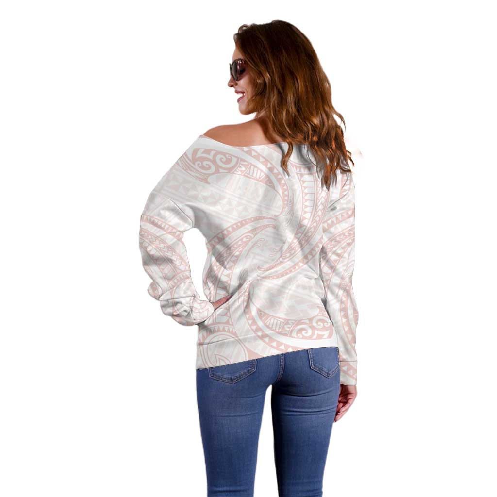White Sunday Lotu Tamaiti Off Shoulder Sweater Polynesian Wave Pastel Blush LT9 - Polynesian Pride