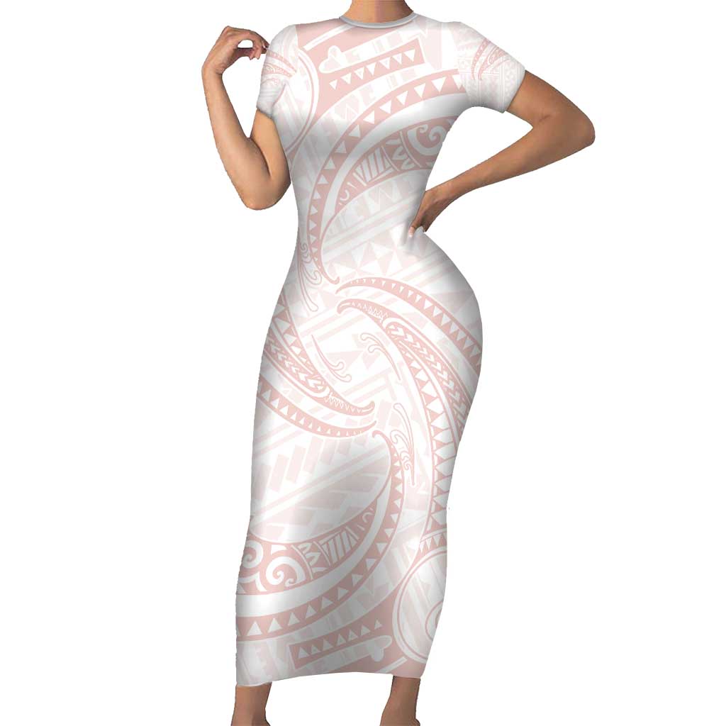 White Sunday Lotu Tamaiti Short Sleeve Bodycon Dress Polynesian Wave Pastel Blush LT9 Long Dress Blush - Polynesian Pride