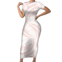 White Sunday Lotu Tamaiti Short Sleeve Bodycon Dress Polynesian Wave Pastel Blush LT9 Long Dress Blush - Polynesian Pride