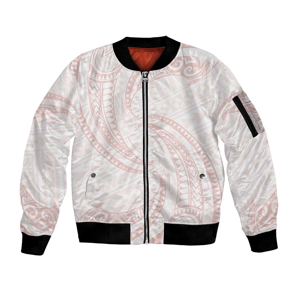 White Sunday Lotu Tamaiti Sleeve Zip Bomber Jacket Polynesian Wave Pastel Blush - Polynesian Pride