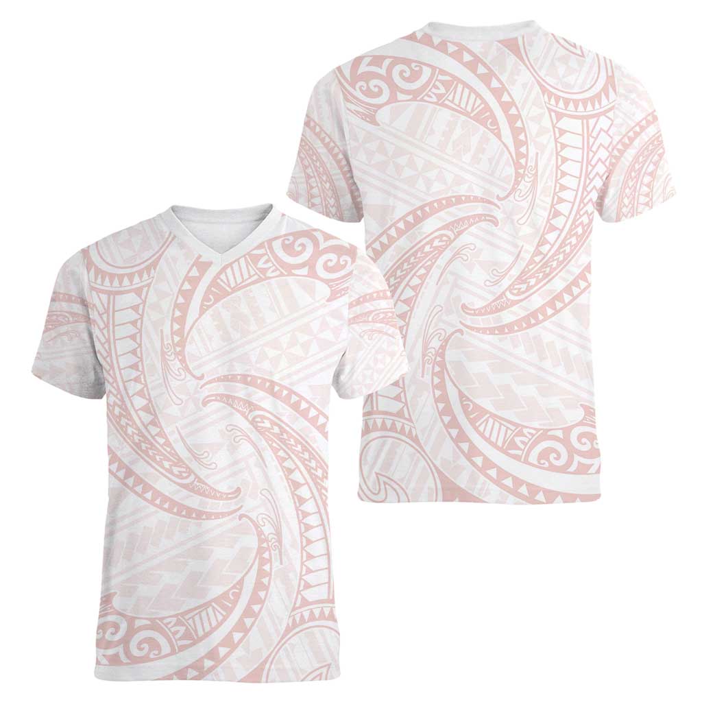 White Sunday Lotu Tamaiti Women V-Neck T-Shirt Polynesian Wave Pastel Blush - Polynesian Pride
