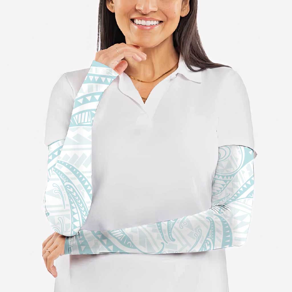 White Sunday Lotu Tamaiti Arm Sleeves Polynesian Wave Pastel Cyan - Polynesian Pride