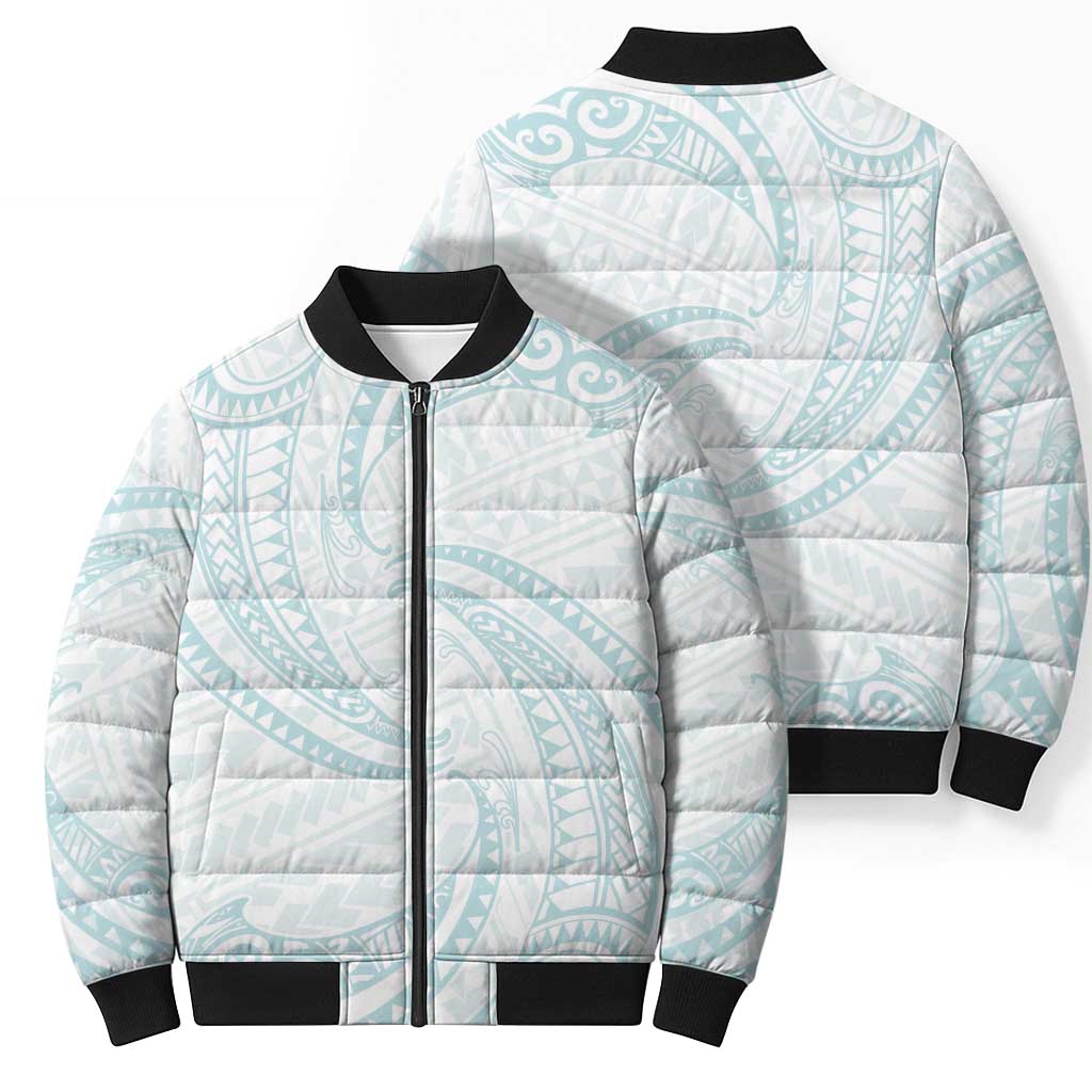 White Sunday Lotu Tamaiti Bomber Puffer Jacket Polynesian Wave Pastel Cyan - Polynesian Pride