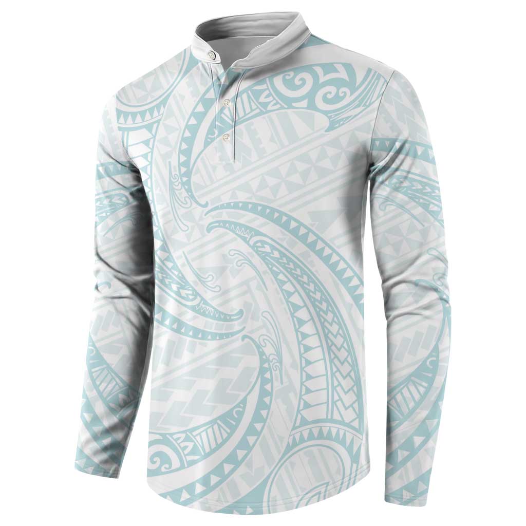 White Sunday Lotu Tamaiti Button Sweatshirt Polynesian Wave Pastel Cyan - Polynesian Pride