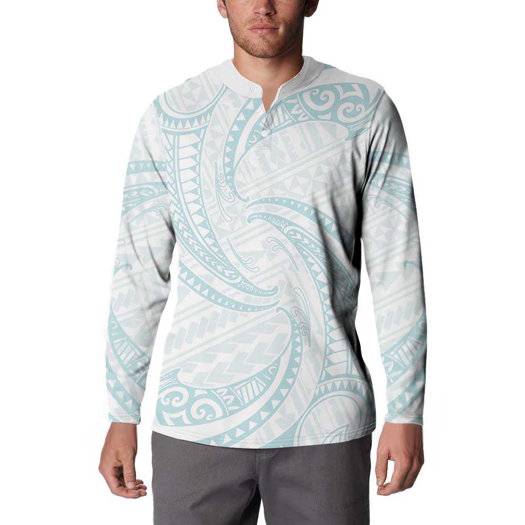 White Sunday Lotu Tamaiti Button Sweatshirt Polynesian Wave Pastel Cyan - Polynesian Pride