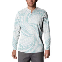 White Sunday Lotu Tamaiti Button Sweatshirt Polynesian Wave Pastel Cyan - Polynesian Pride