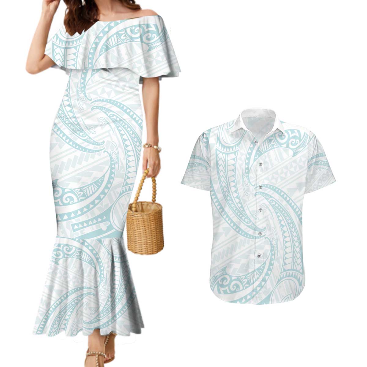 White Sunday Lotu Tamaiti Couples Matching Mermaid Dress and Hawaiian Shirt Polynesian Wave Pastel Cyan - Polynesian Pride