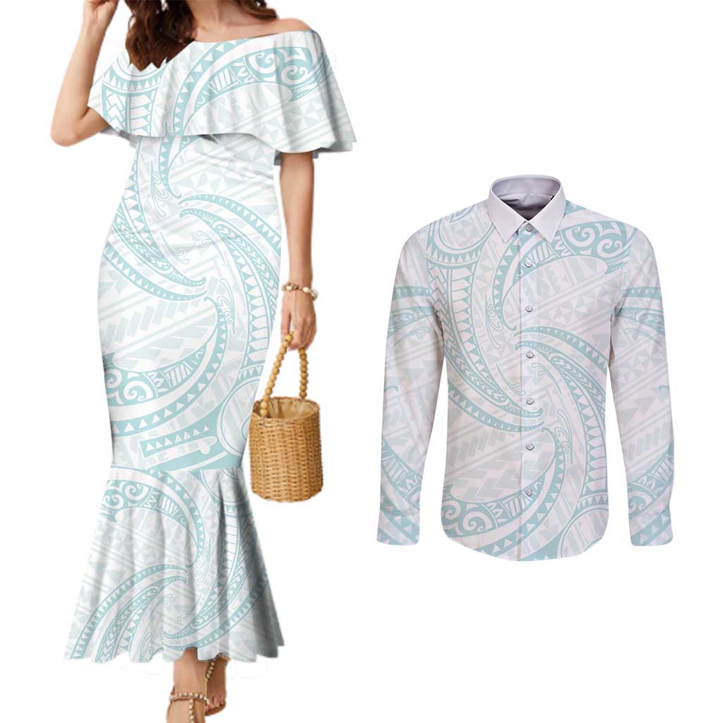 White Sunday Lotu Tamaiti Couples Matching Mermaid Dress and Long Sleeve Button Shirt Polynesian Wave Pastel Cyan - Polynesian Pride