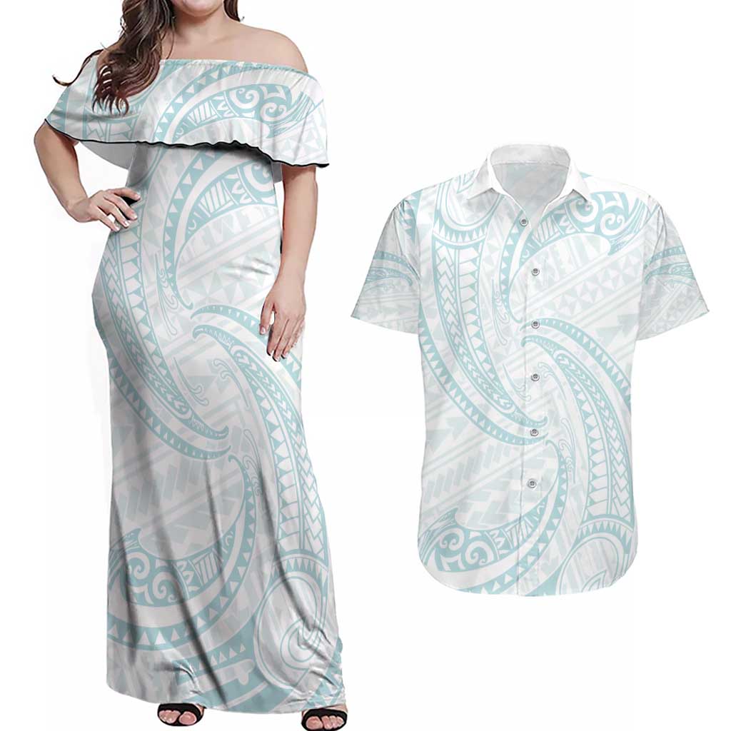 White Sunday Lotu Tamaiti Couples Matching Off Shoulder Maxi Dress and Hawaiian Shirt Polynesian Wave Pastel Cyan - Polynesian Pride