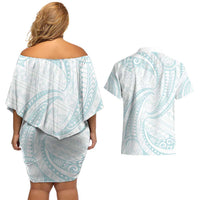 White Sunday Lotu Tamaiti Couples Matching Off Shoulder Short Dress and Hawaiian Shirt Polynesian Wave Pastel Cyan - Polynesian Pride