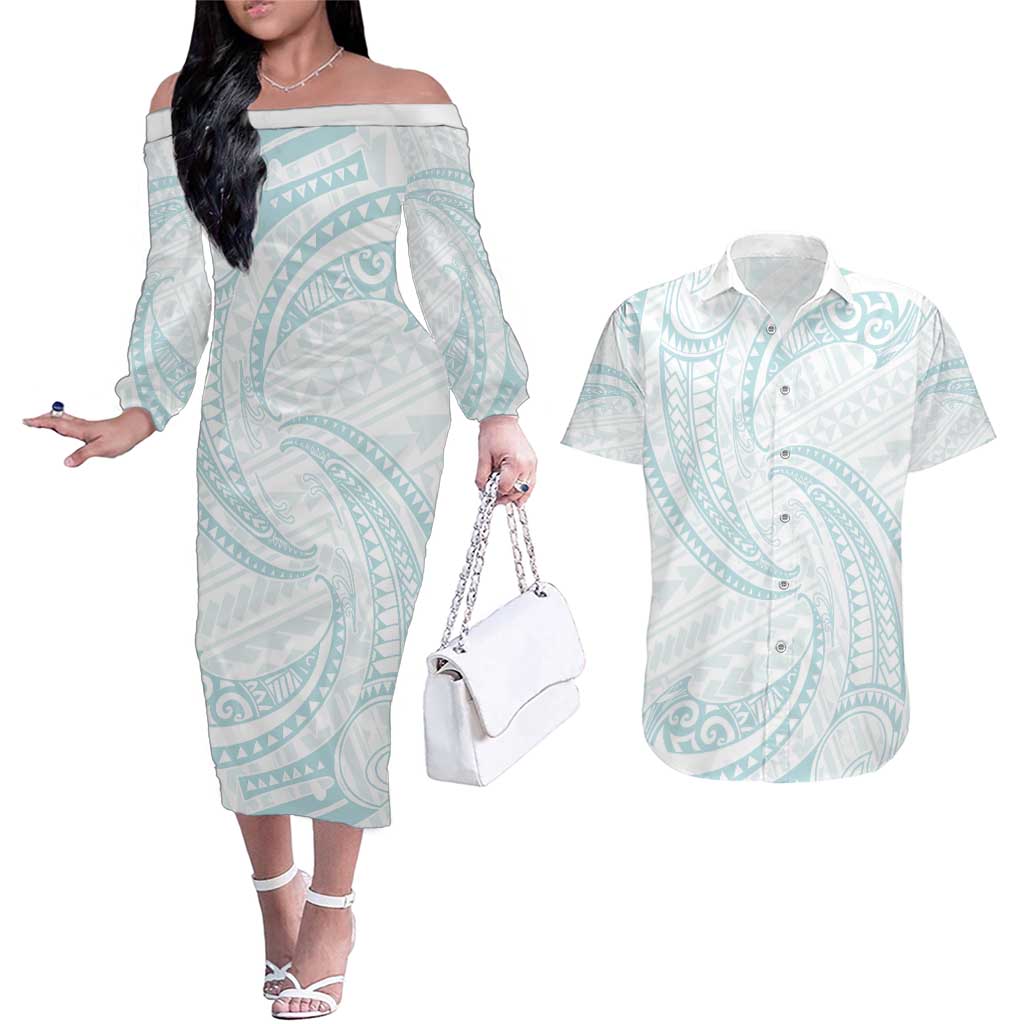 White Sunday Lotu Tamaiti Couples Matching Off The Shoulder Long Sleeve Dress and Hawaiian Shirt Polynesian Wave Pastel Cyan - Polynesian Pride