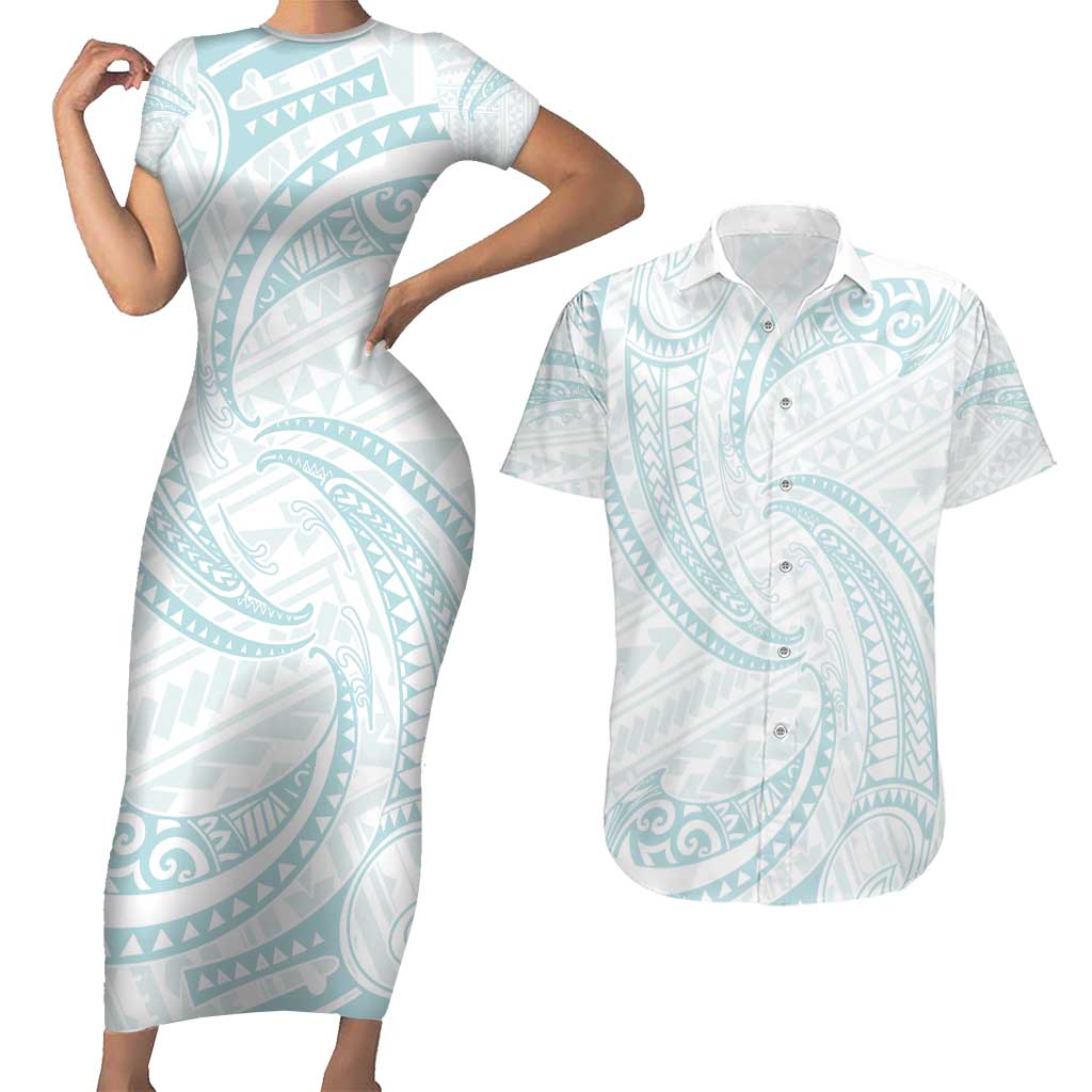 White Sunday Lotu Tamaiti Couples Matching Short Sleeve Bodycon Dress and Hawaiian Shirt Polynesian Wave Pastel Cyan - Polynesian Pride