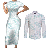 White Sunday Lotu Tamaiti Couples Matching Short Sleeve Bodycon Dress and Long Sleeve Button Shirt Polynesian Wave Pastel Cyan - Polynesian Pride