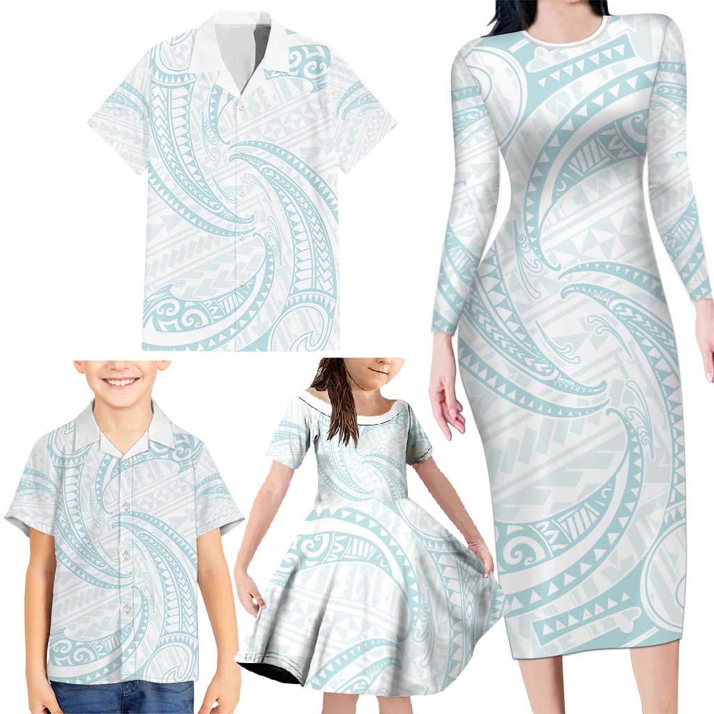 White Sunday Lotu Tamaiti Family Matching Long Sleeve Bodycon Dress and Hawaiian Shirt Polynesian Wave Pastel Cyan LT9 - Polynesian Pride