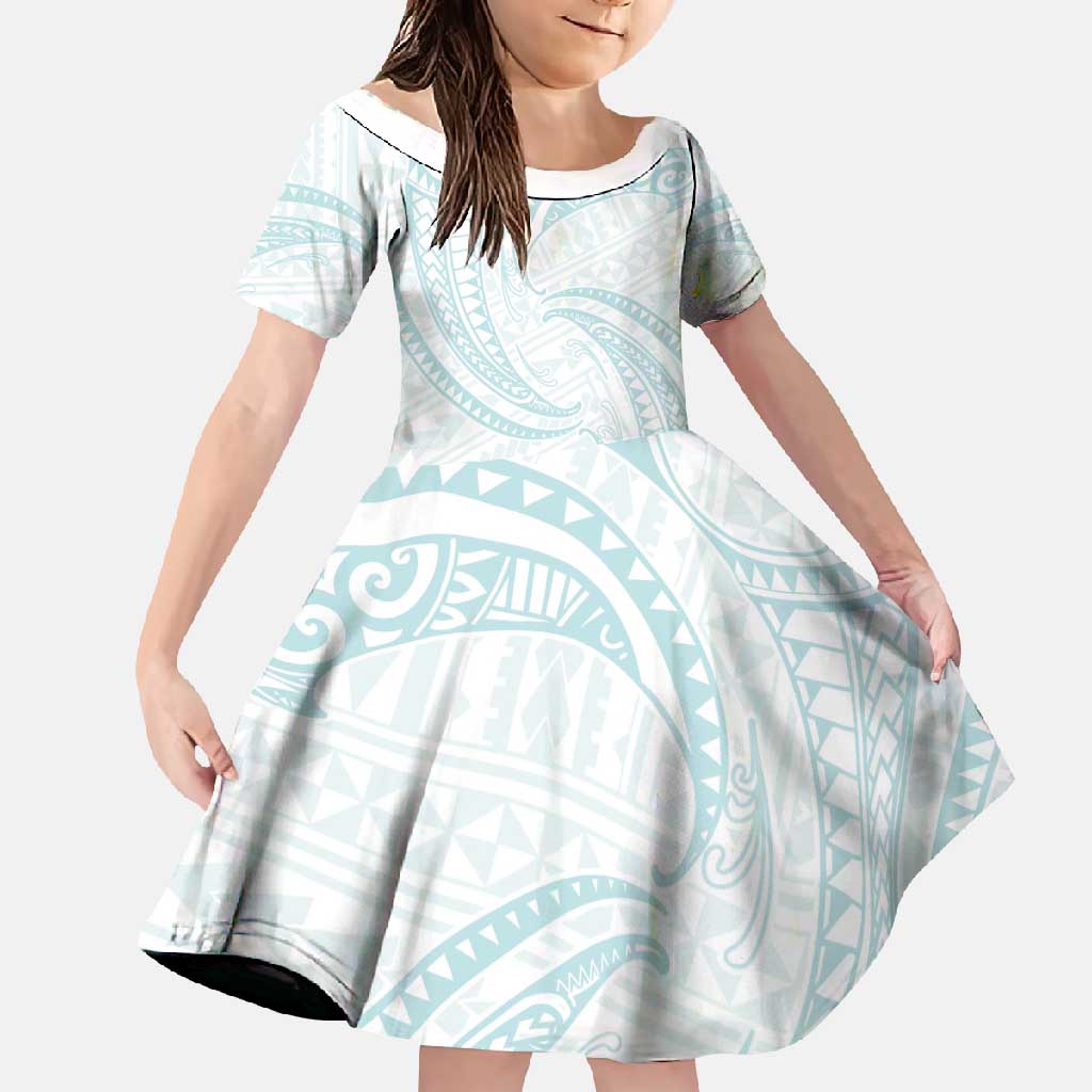 White Sunday Lotu Tamaiti Family Matching Mermaid Dress and Hawaiian Shirt Polynesian Wave Pastel Cyan LT9 Daughter's Dress Cyan - Polynesian Pride