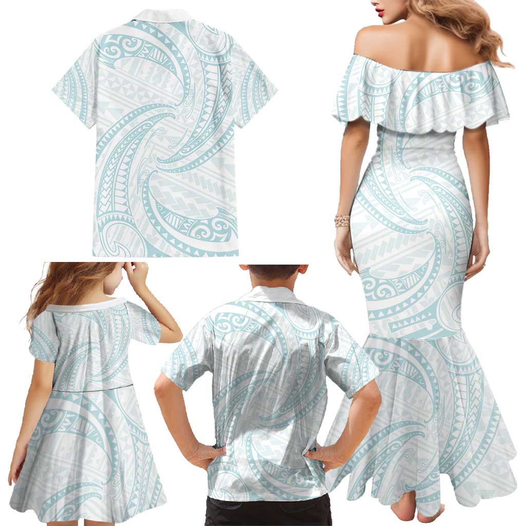 White Sunday Lotu Tamaiti Family Matching Mermaid Dress and Hawaiian Shirt Polynesian Wave Pastel Cyan LT9 - Polynesian Pride