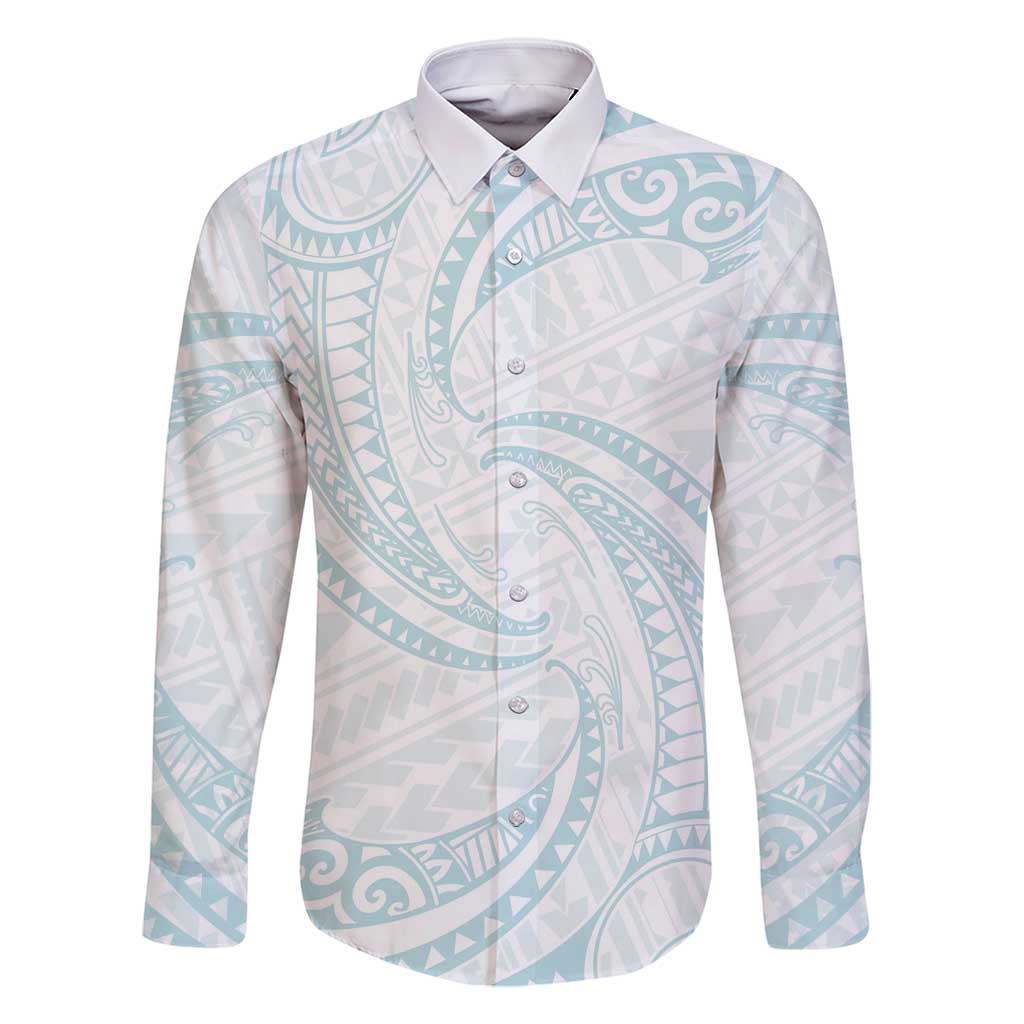 White Sunday Lotu Tamaiti Family Matching Mermaid Dress and Hawaiian Shirt Polynesian Wave Pastel Cyan LT9 Dad's Shirt - Long Sleeve Cyan - Polynesian Pride