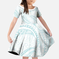 White Sunday Lotu Tamaiti Family Matching Off Shoulder Maxi Dress and Hawaiian Shirt Polynesian Wave Pastel Cyan - Polynesian Pride