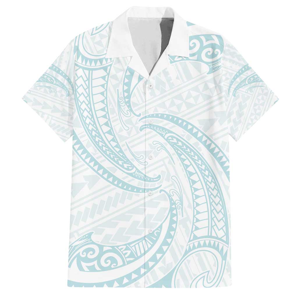 White Sunday Lotu Tamaiti Family Matching Off Shoulder Short Dress and Hawaiian Shirt Polynesian Wave Pastel Cyan - Polynesian Pride