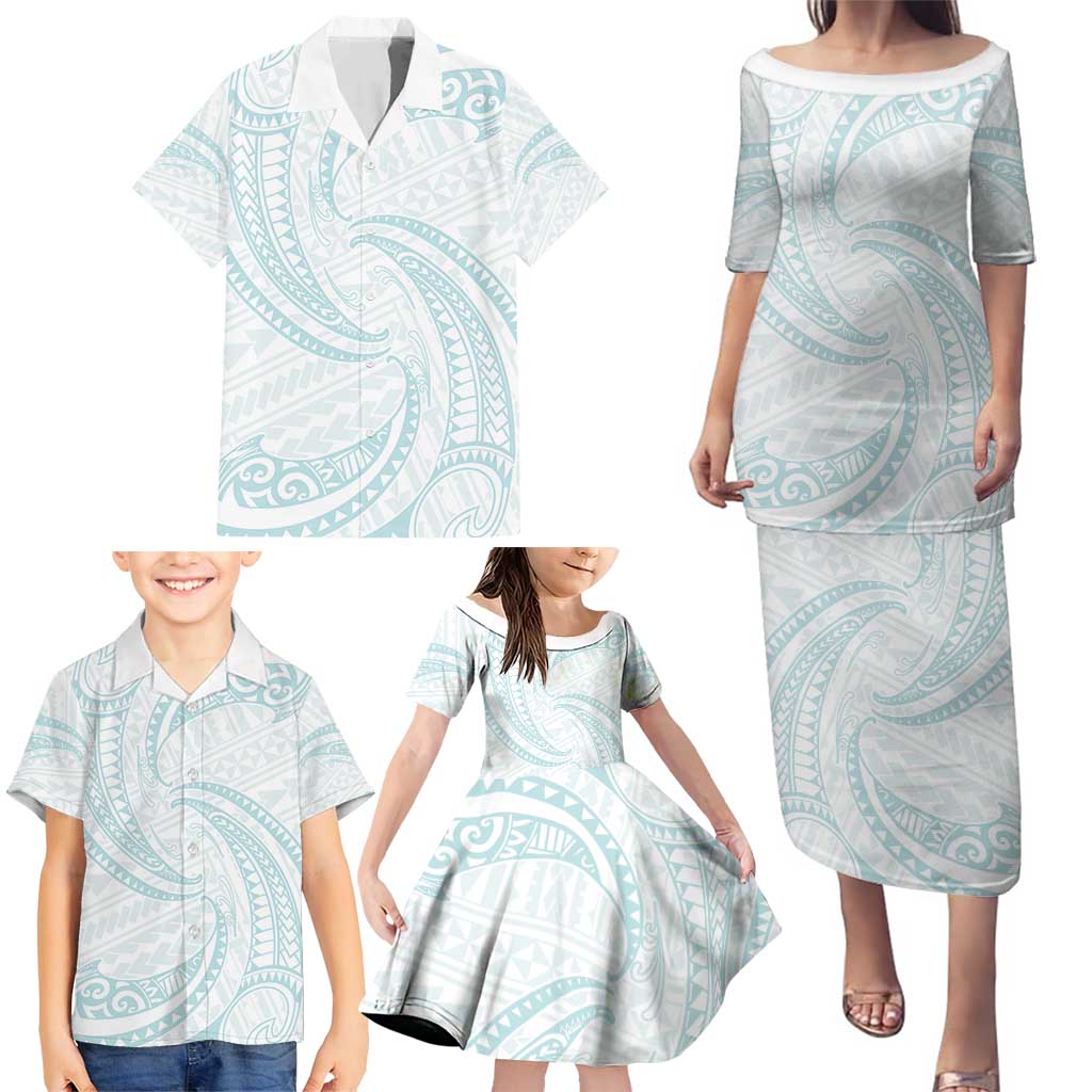 White Sunday Lotu Tamaiti Family Matching Puletasi and Hawaiian Shirt Polynesian Wave Pastel Cyan - Polynesian Pride