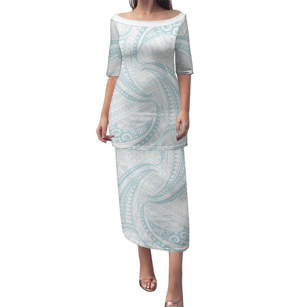 White Sunday Lotu Tamaiti Family Matching Puletasi and Hawaiian Shirt Polynesian Wave Pastel Cyan - Polynesian Pride