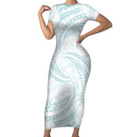 White Sunday Lotu Tamaiti Family Matching Short Sleeve Bodycon Dress and Hawaiian Shirt Polynesian Wave Pastel Cyan LT9 Mom's Dress Cyan - Polynesian Pride