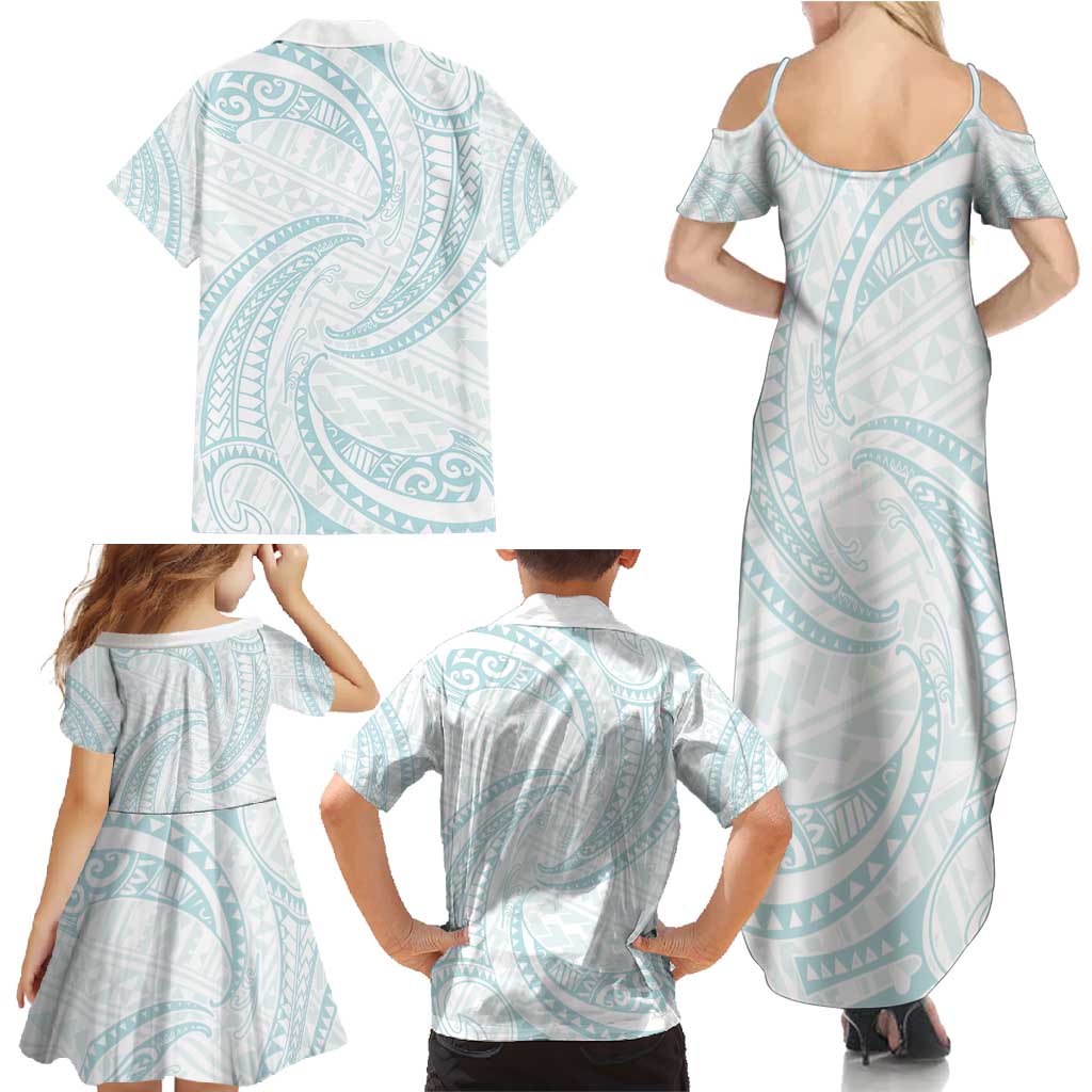 White Sunday Lotu Tamaiti Family Matching Summer Maxi Dress and Hawaiian Shirt Polynesian Wave Pastel Cyan - Polynesian Pride