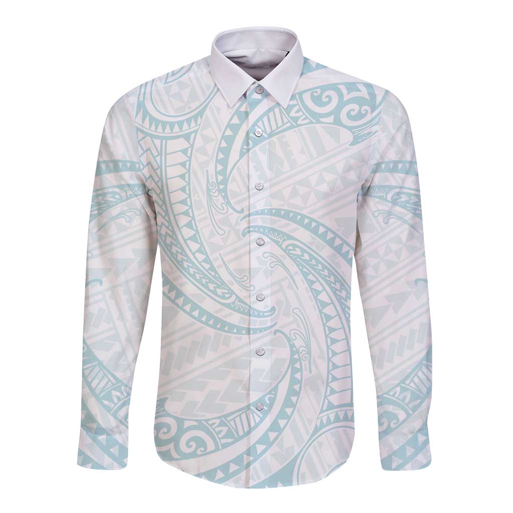 White Sunday Lotu Tamaiti Long Sleeve Button Shirt Polynesian Wave Pastel Cyan - Polynesian Pride