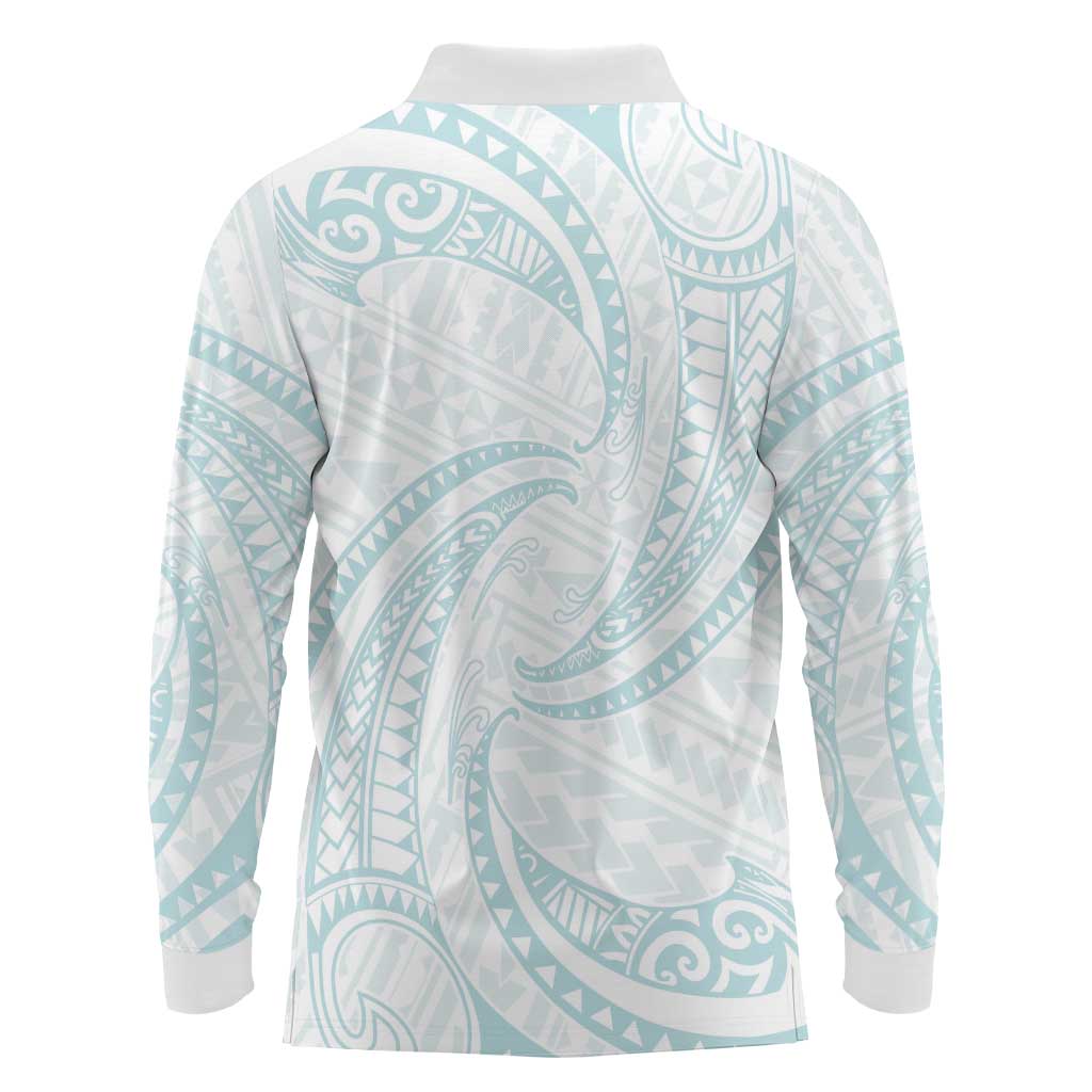 White Sunday Lotu Tamaiti Long Sleeve Polo Shirt Polynesian Wave Pastel Cyan - Polynesian Pride