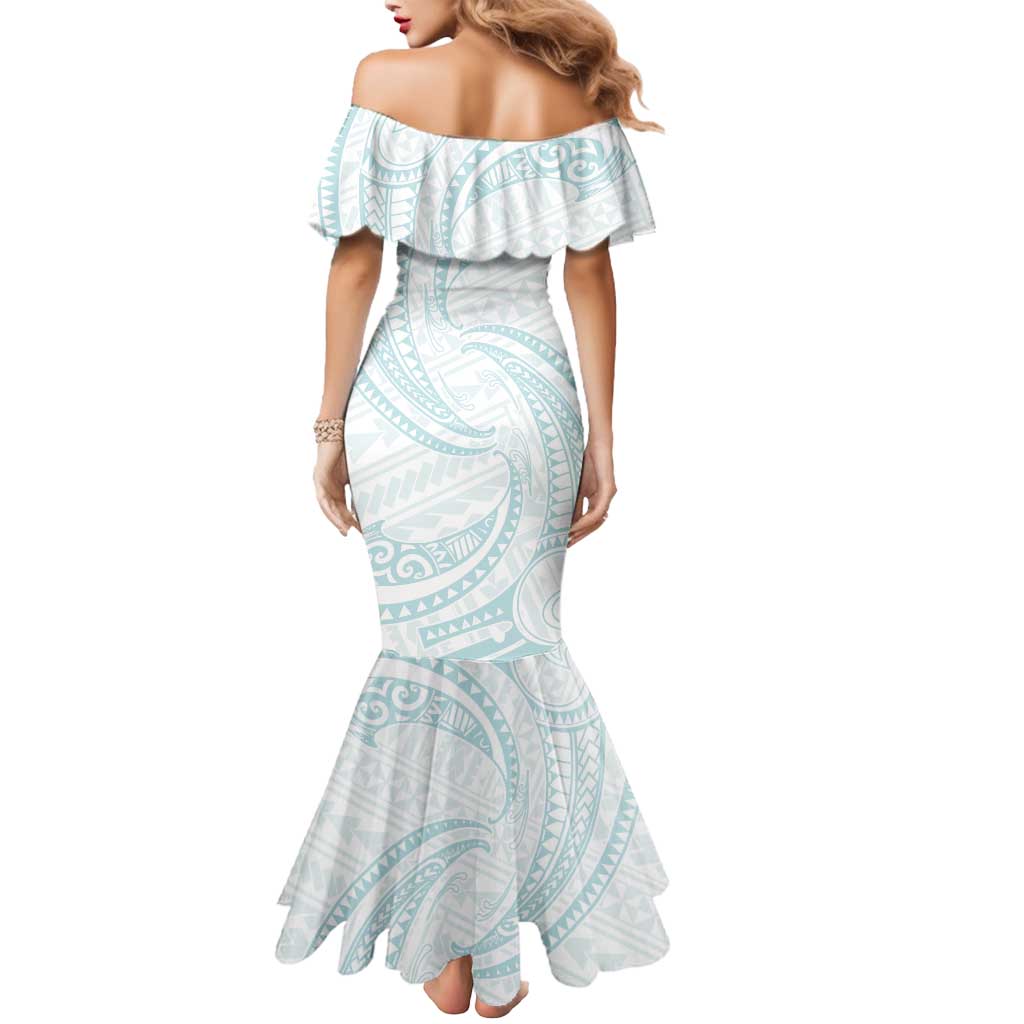 White Sunday Lotu Tamaiti Mermaid Dress Polynesian Wave Pastel Cyan - Polynesian Pride