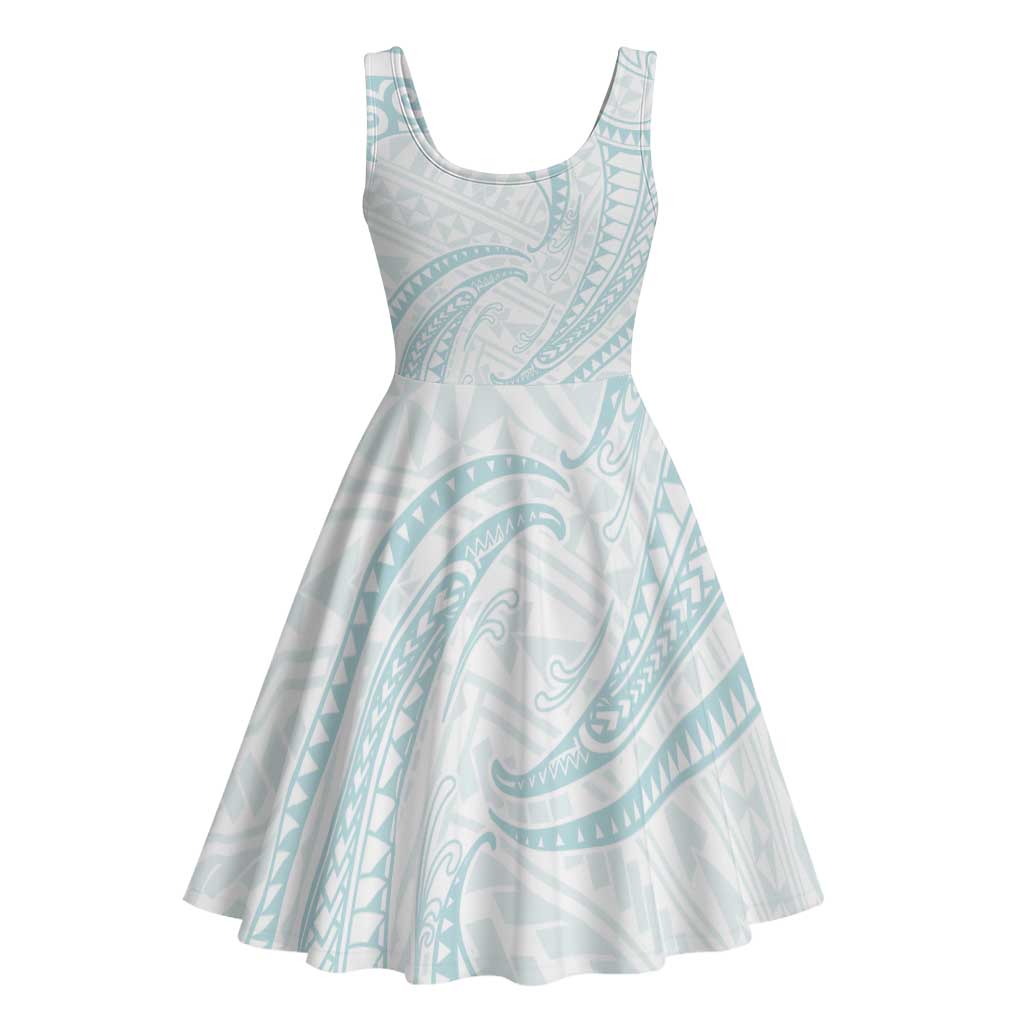 White Sunday Lotu Tamaiti Midi Dress Polynesian Wave Pastel Cyan - Polynesian Pride