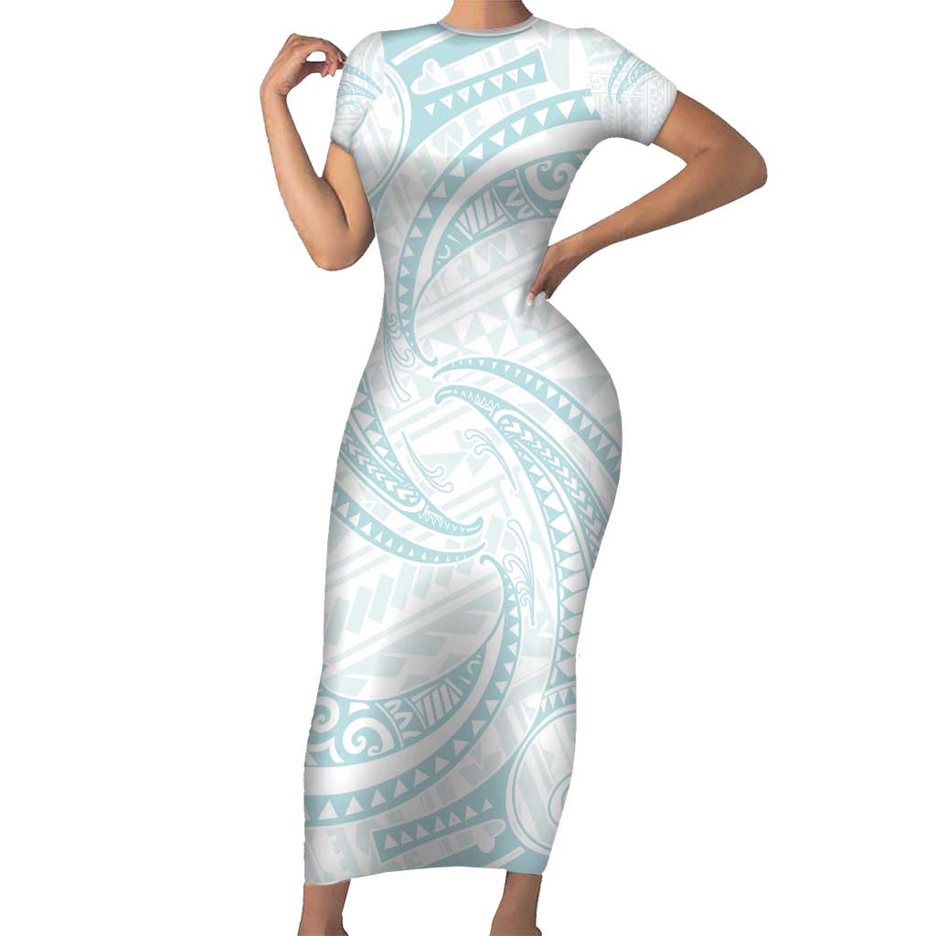 White Sunday Lotu Tamaiti Short Sleeve Bodycon Dress Polynesian Wave Pastel Cyan LT9 Long Dress Cyan - Polynesian Pride