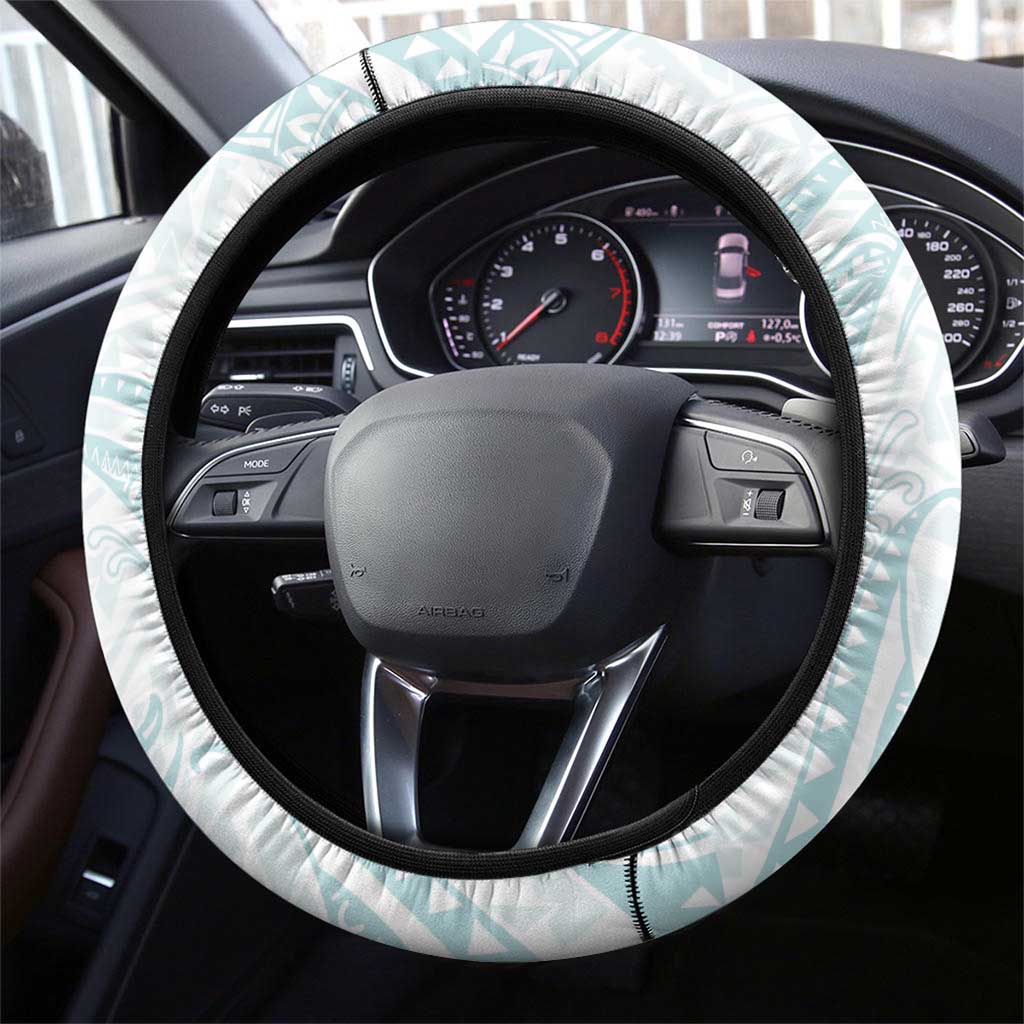 White Sunday Lotu Tamaiti Steering Wheel Cover Polynesian Wave Pastel Cyan - Polynesian Pride