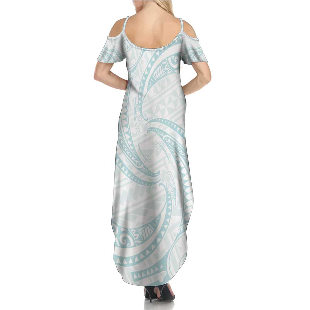 White Sunday Lotu Tamaiti Summer Maxi Dress Polynesian Wave Pastel Cyan - Polynesian Pride