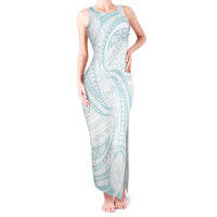 White Sunday Lotu Tamaiti Tank Maxi Dress Polynesian Wave Pastel Cyan - Polynesian Pride