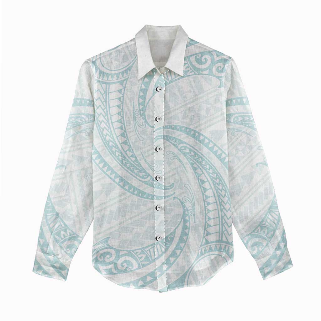 White Sunday Lotu Tamaiti Women Casual Shirt Polynesian Wave Pastel Cyan - Polynesian Pride
