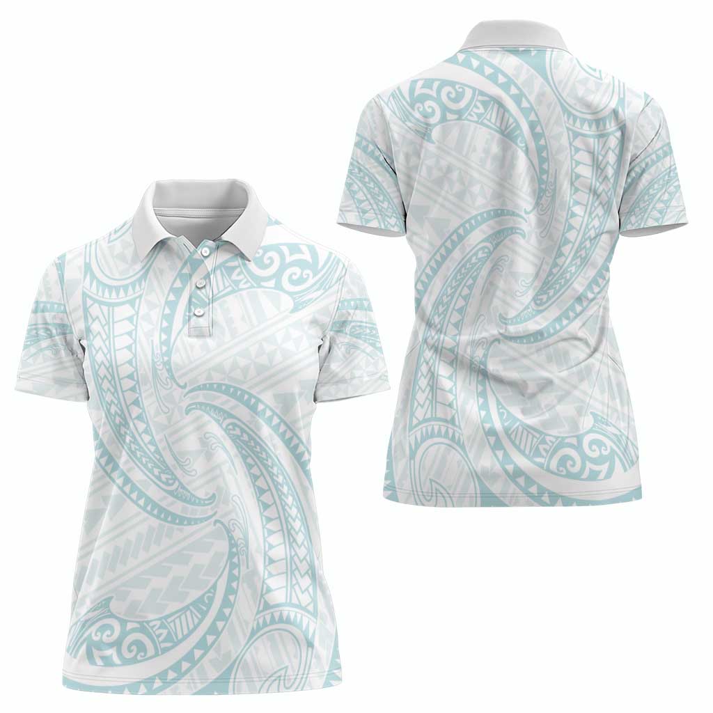 White Sunday Lotu Tamaiti Women Polo Shirt Polynesian Wave Pastel Cyan - Polynesian Pride