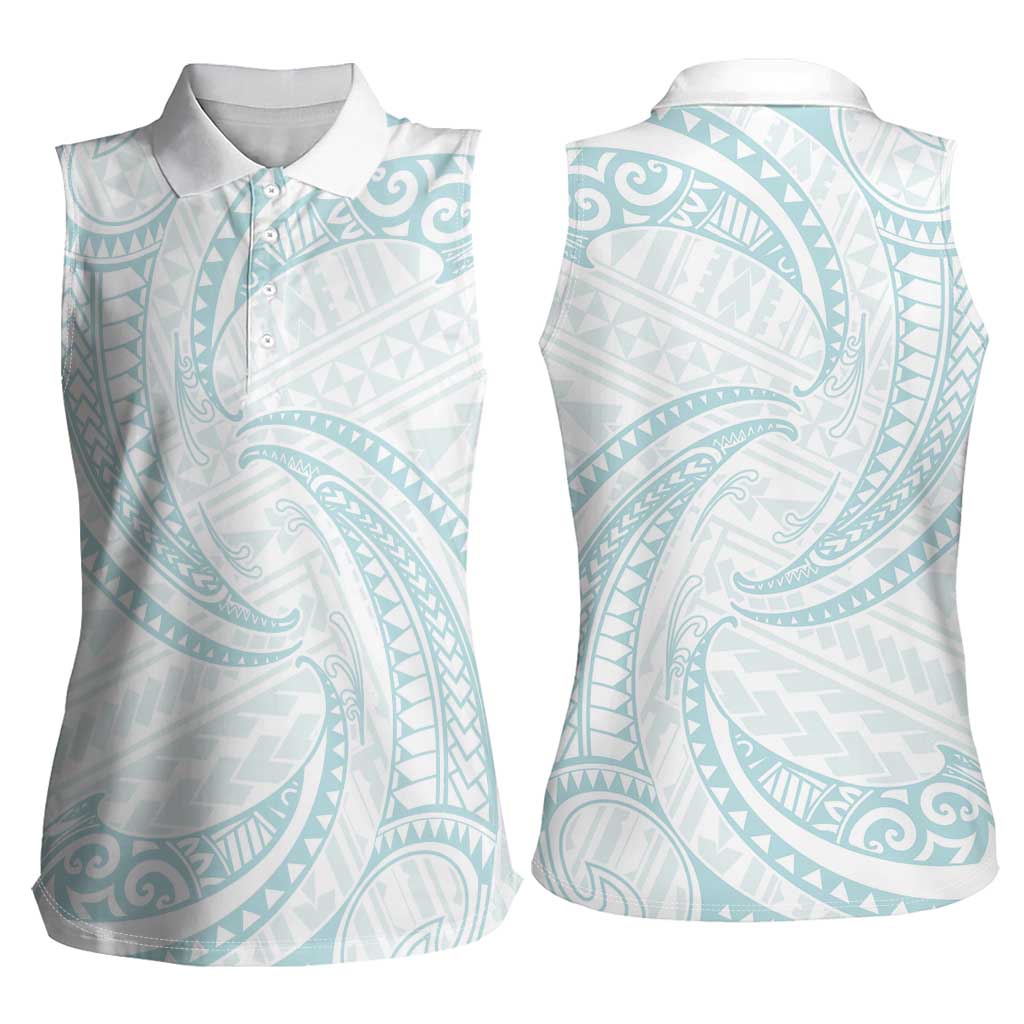 White Sunday Lotu Tamaiti Women Sleeveless Polo Shirt Polynesian Wave Pastel Cyan - Polynesian Pride