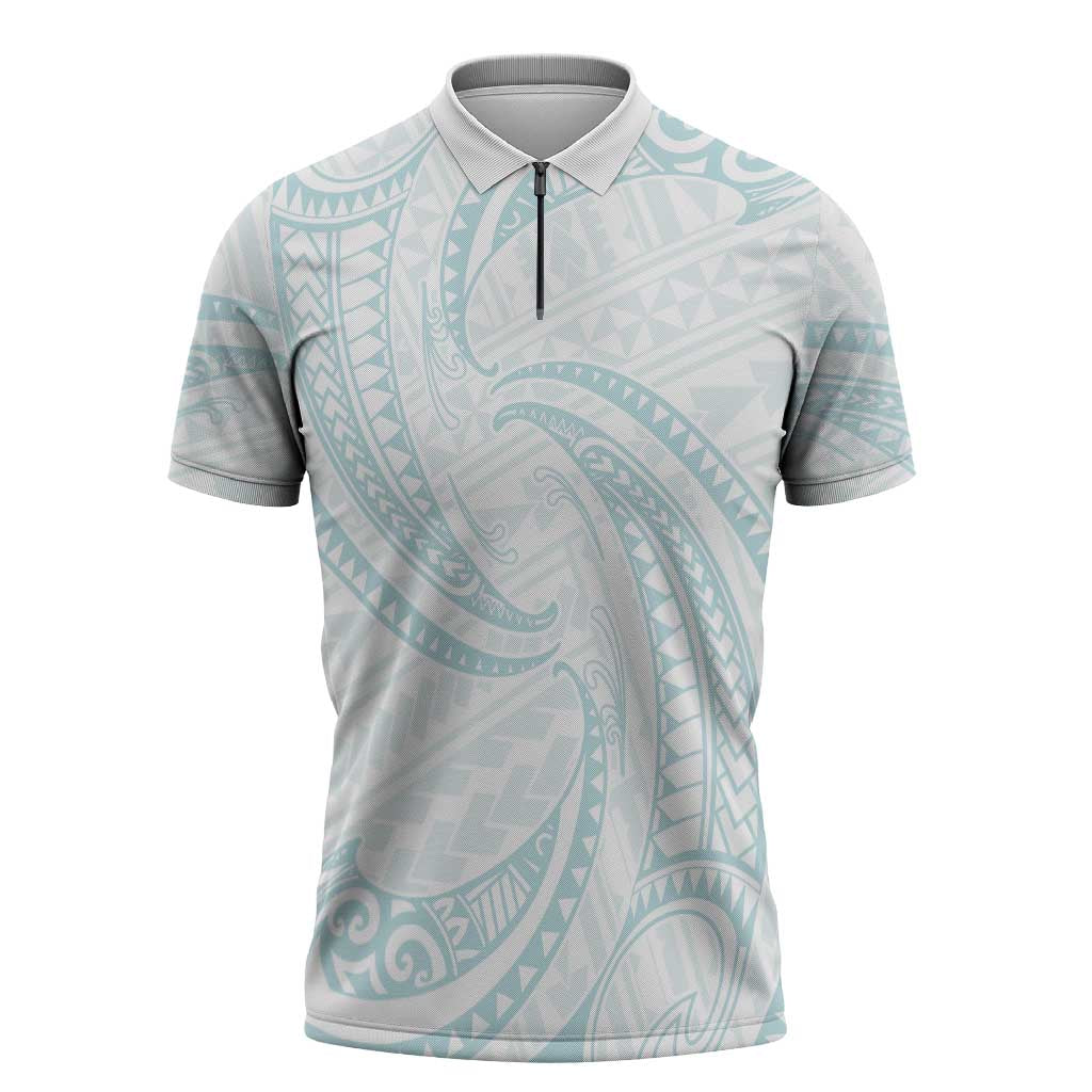 White Sunday Lotu Tamaiti Zipper Polo Shirt Polynesian Wave Pastel Cyan LT9 Cyan - Polynesian Pride